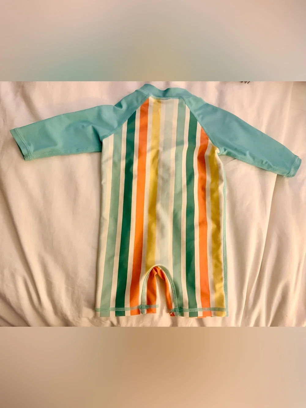 Rugged Butts Kids Front-Zip Rashguard Sunsuit in Aqua with Multi Stripes